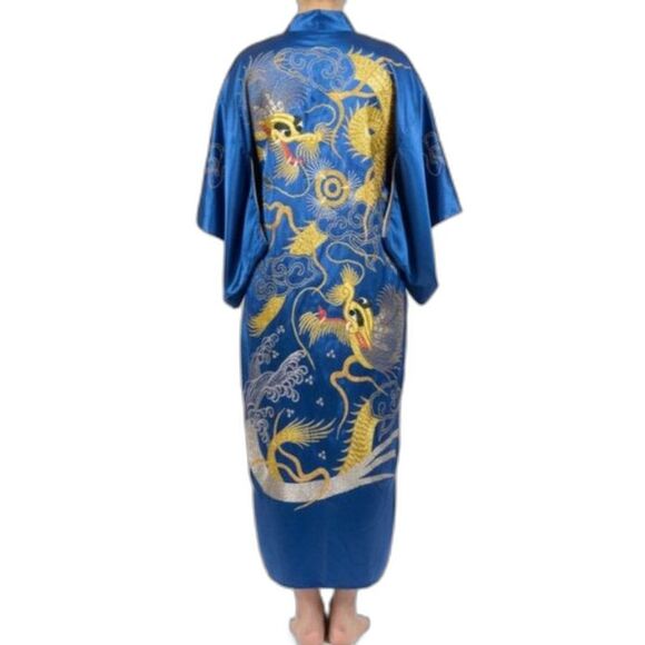 Antique 20s-30s Asian Royal Blue Silk Satin Embroidered Golden Dragon Robe - Picture 1 of 15